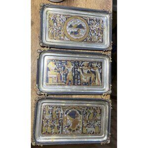EGYPTIAN ORNATE COPPER BRASS SILVER TRAY OR WALL PLAQUE DETAILED SET OF 3